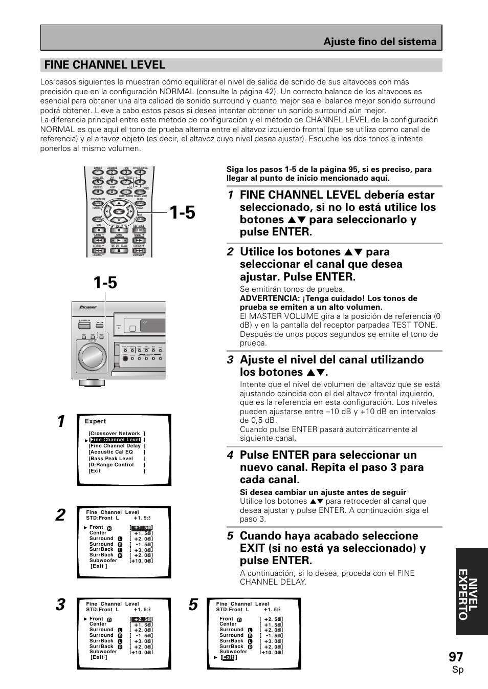 The fine channel level, Nivel exper to, Fine channel level | Ajuste fino del sistema | Pioneer VSX-D2011-S User Manual | Page 97 / 120
