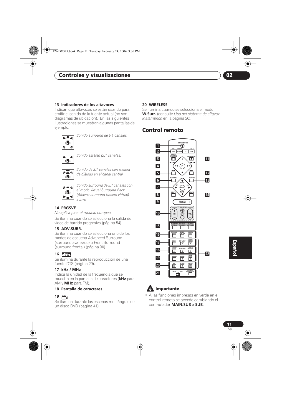 Control remoto, Controles y visualizaciones 02 | Pioneer DCS-525 User Manual | Page 11 / 82