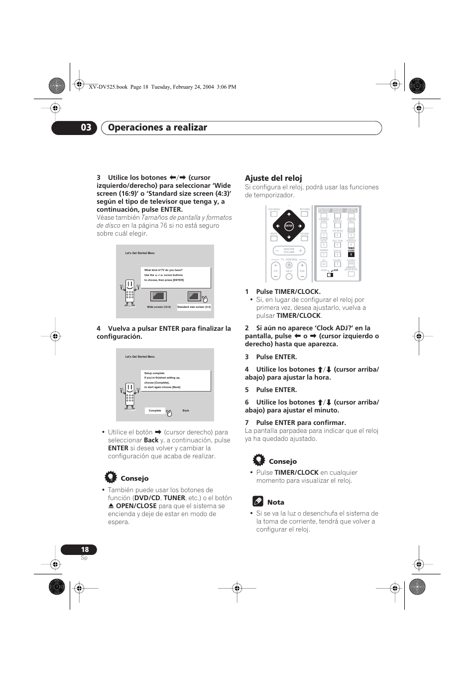 Ajuste del reloj, Operaciones a realizar 03 | Pioneer DCS-525 User Manual | Page 18 / 82