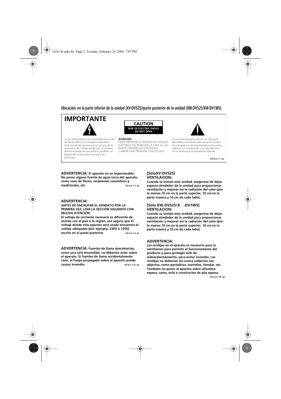Importante, Caution | Pioneer DCS-525 User Manual | Page 2 / 82