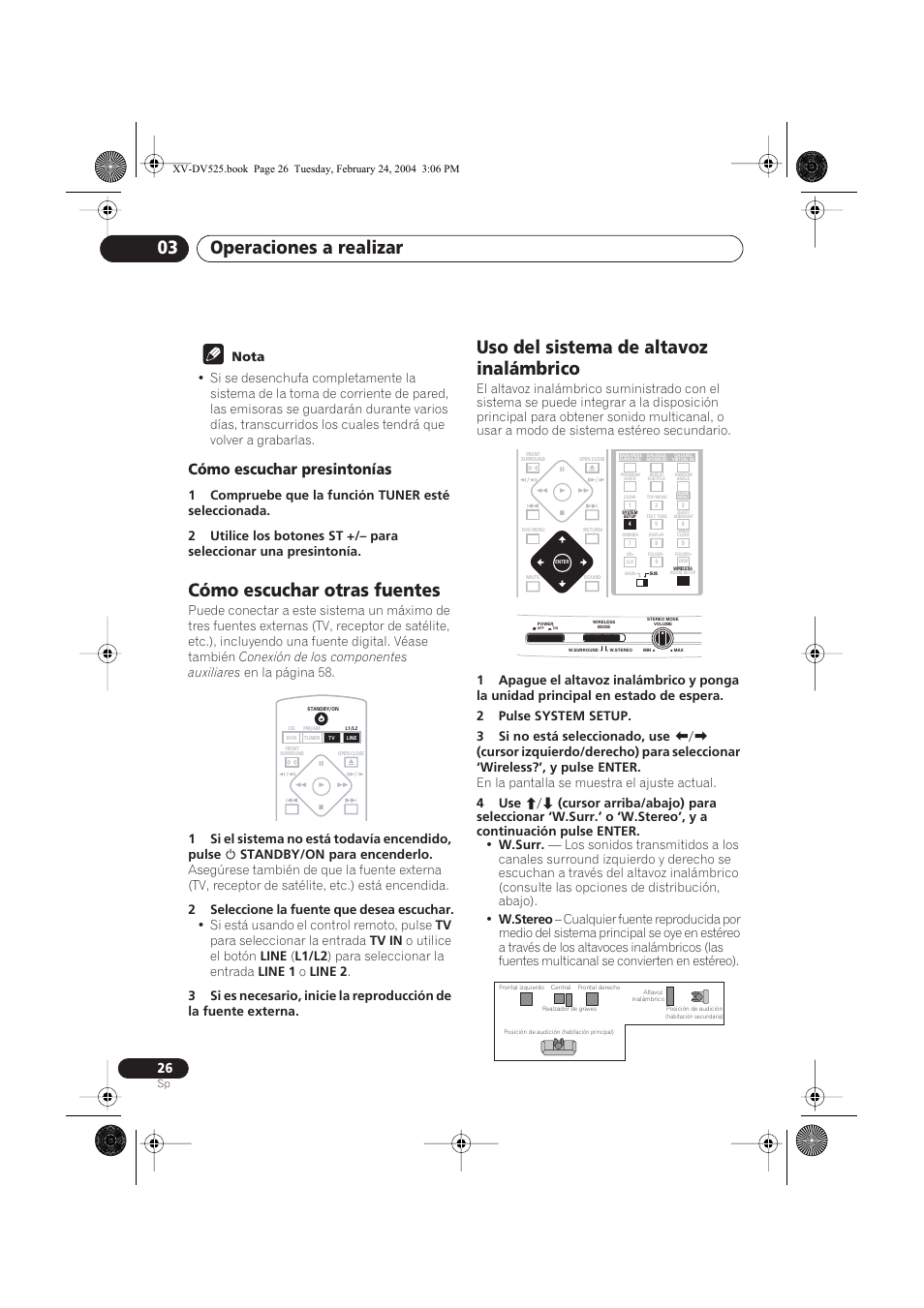 Cómo escuchar presintonías, Cómo escuchar otras fuentes, Uso del sistema de altavoz inalámbrico | Operaciones a realizar 03 | Pioneer DCS-525 User Manual | Page 26 / 82