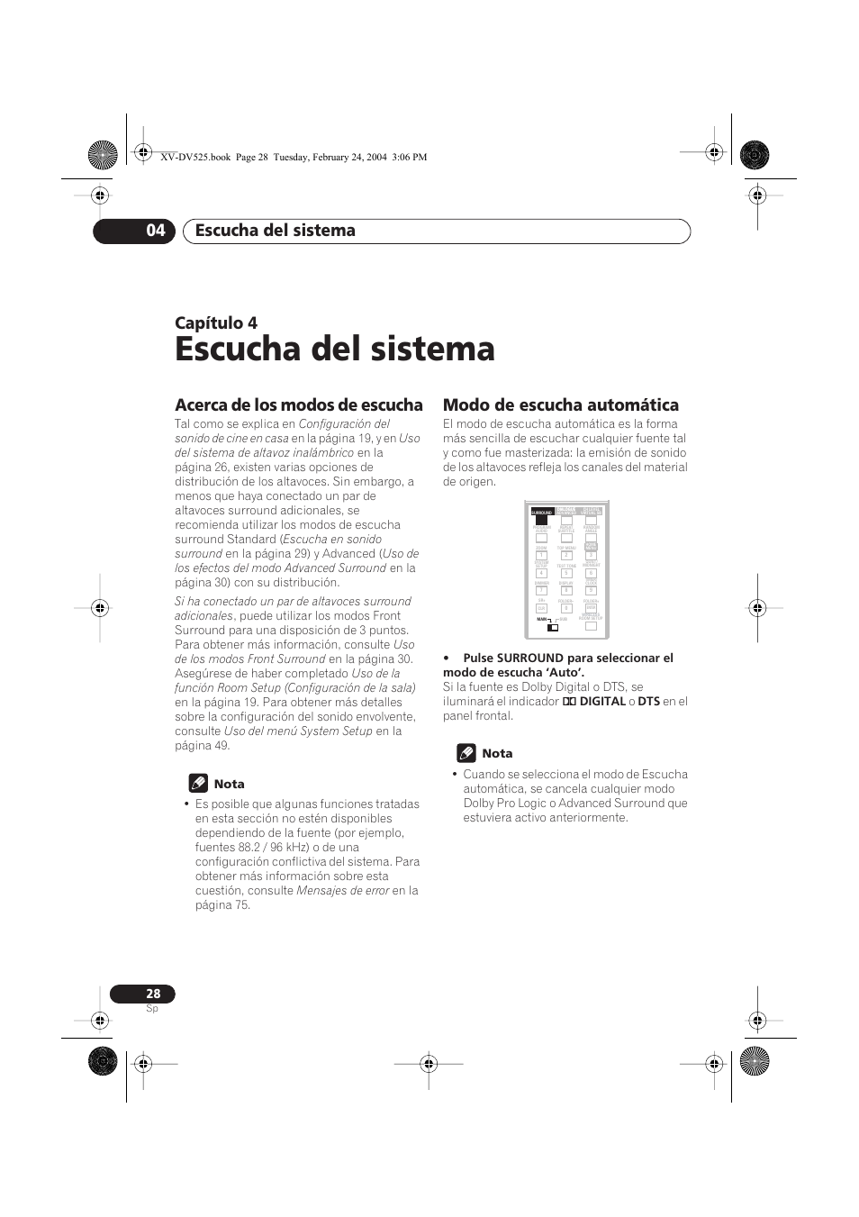 04 escucha del sistema, Acerca de los modos de escucha, Modo de escucha automática | Escucha del sistema, Escucha del sistema 04, Capítulo 4 | Pioneer DCS-525 User Manual | Page 28 / 82