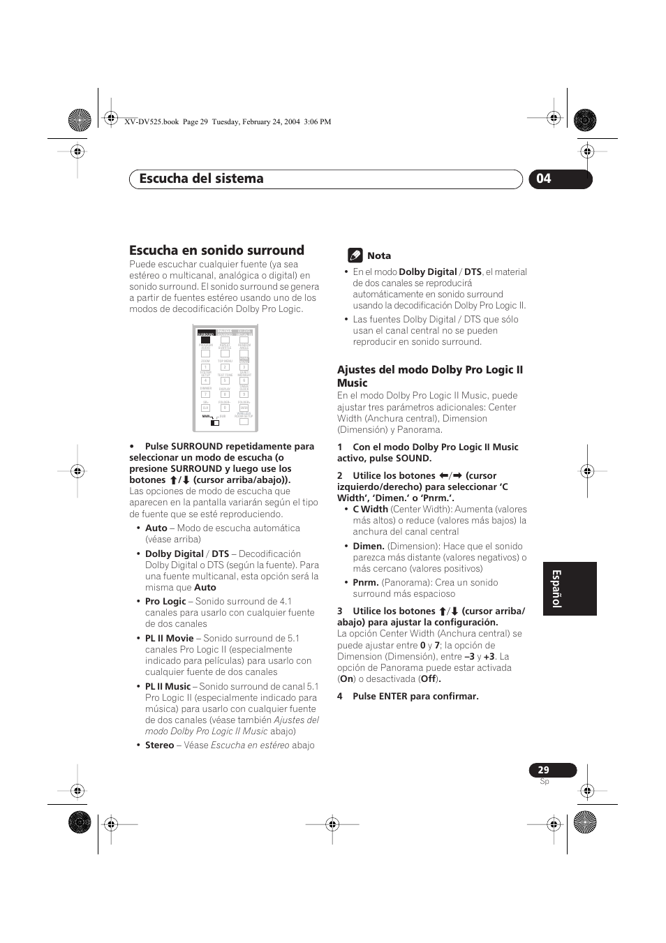 Escucha en sonido surround, Ajustes del modo dolby pro logic ii music, Escucha del sistema 04 | Pioneer DCS-525 User Manual | Page 29 / 82