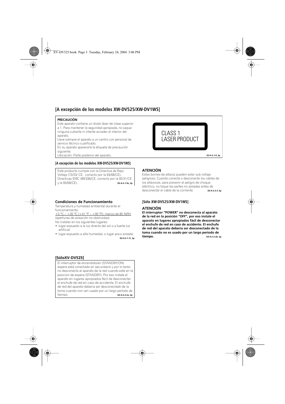 Class 1 laser product, A excepción de los modelos xw-dv525/xw-dv1ws | Pioneer DCS-525 User Manual | Page 3 / 82