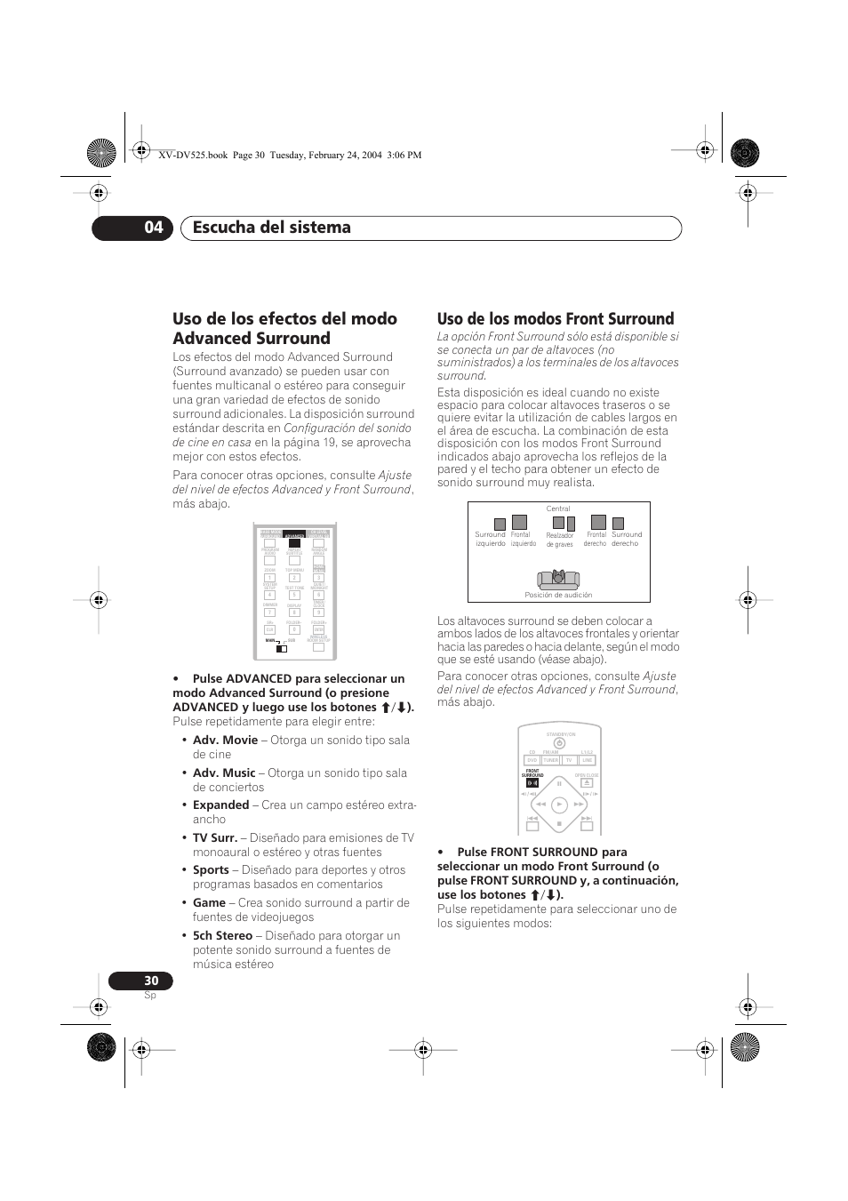 Uso de los efectos del modo advanced surround, Uso de los modos front surround, Escucha del sistema 04 | Pioneer DCS-525 User Manual | Page 30 / 82