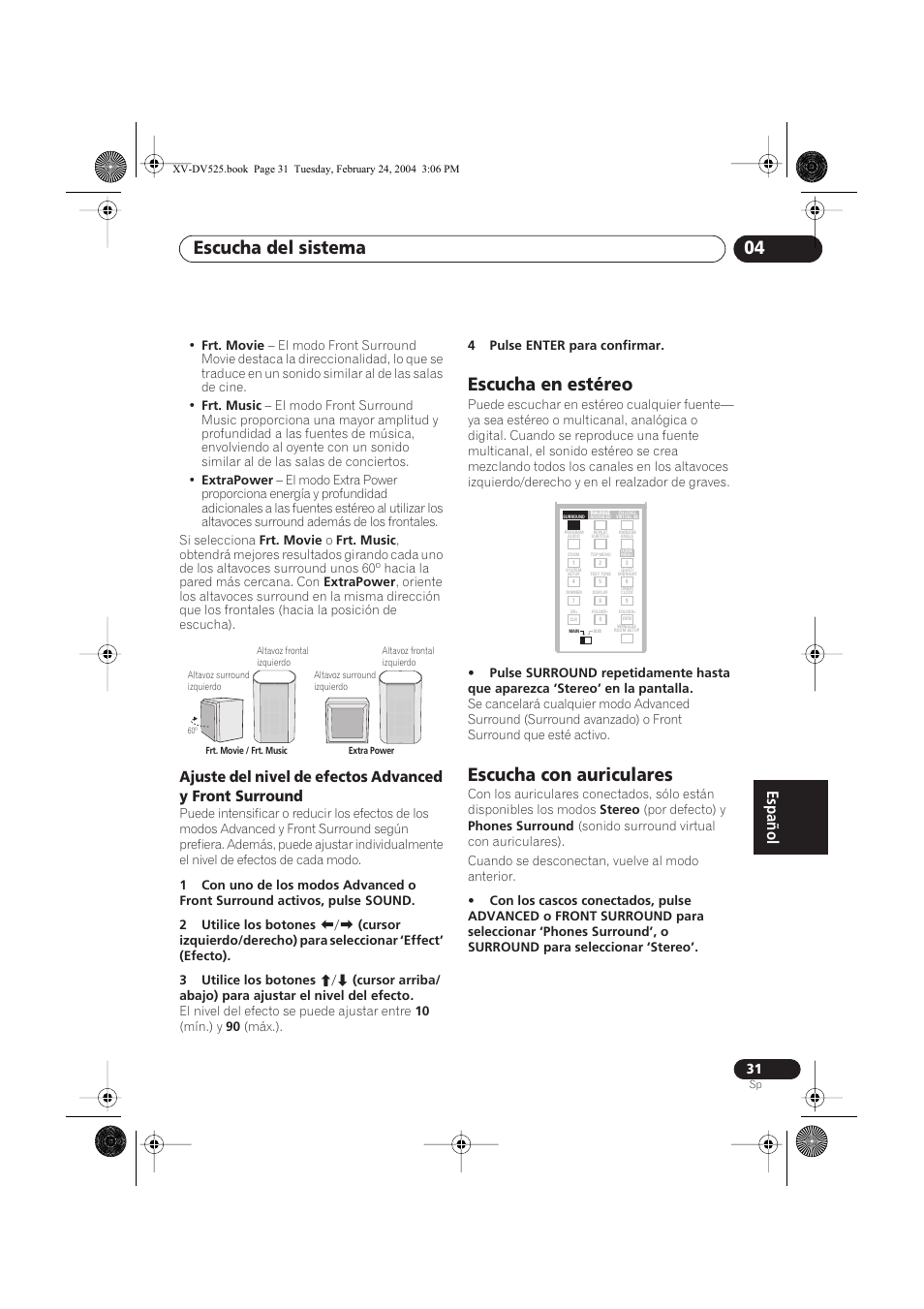 Escucha en estéreo, Escucha con auriculares, Escucha del sistema 04 | Pioneer DCS-525 User Manual | Page 31 / 82