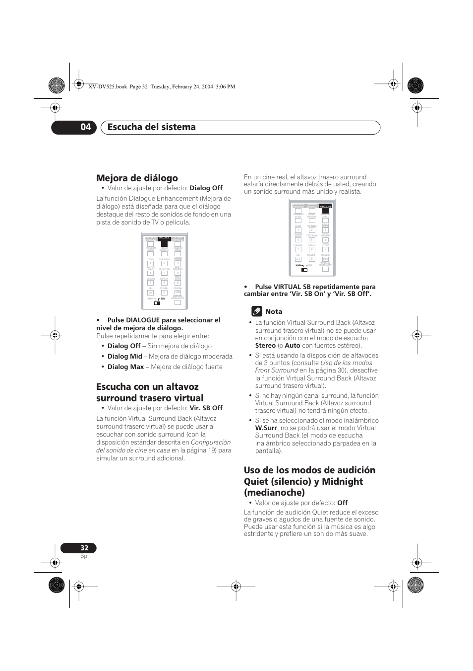 Mejora de diálogo, Escucha con un altavoz surround trasero virtual, Escucha del sistema 04 | Pioneer DCS-525 User Manual | Page 32 / 82