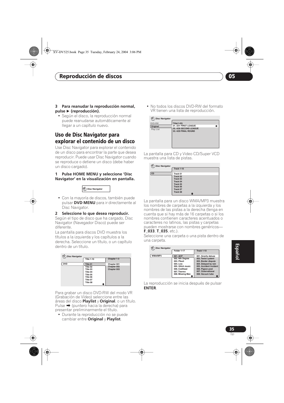 Reproducción de discos 05 | Pioneer DCS-525 User Manual | Page 35 / 82
