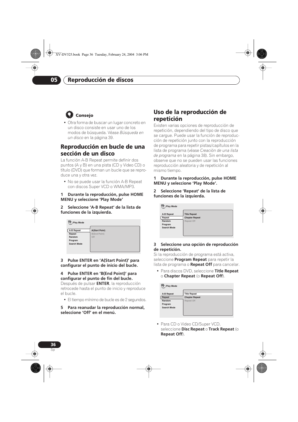 Reproducción en bucle de una sección de un disco, Uso de la reproducción de repetición, Reproducción de discos 05 | Pioneer DCS-525 User Manual | Page 36 / 82