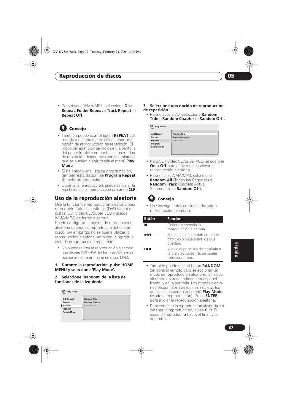 Uso de la reproducción aleatoria, Reproducción de discos 05 | Pioneer DCS-525 User Manual | Page 37 / 82