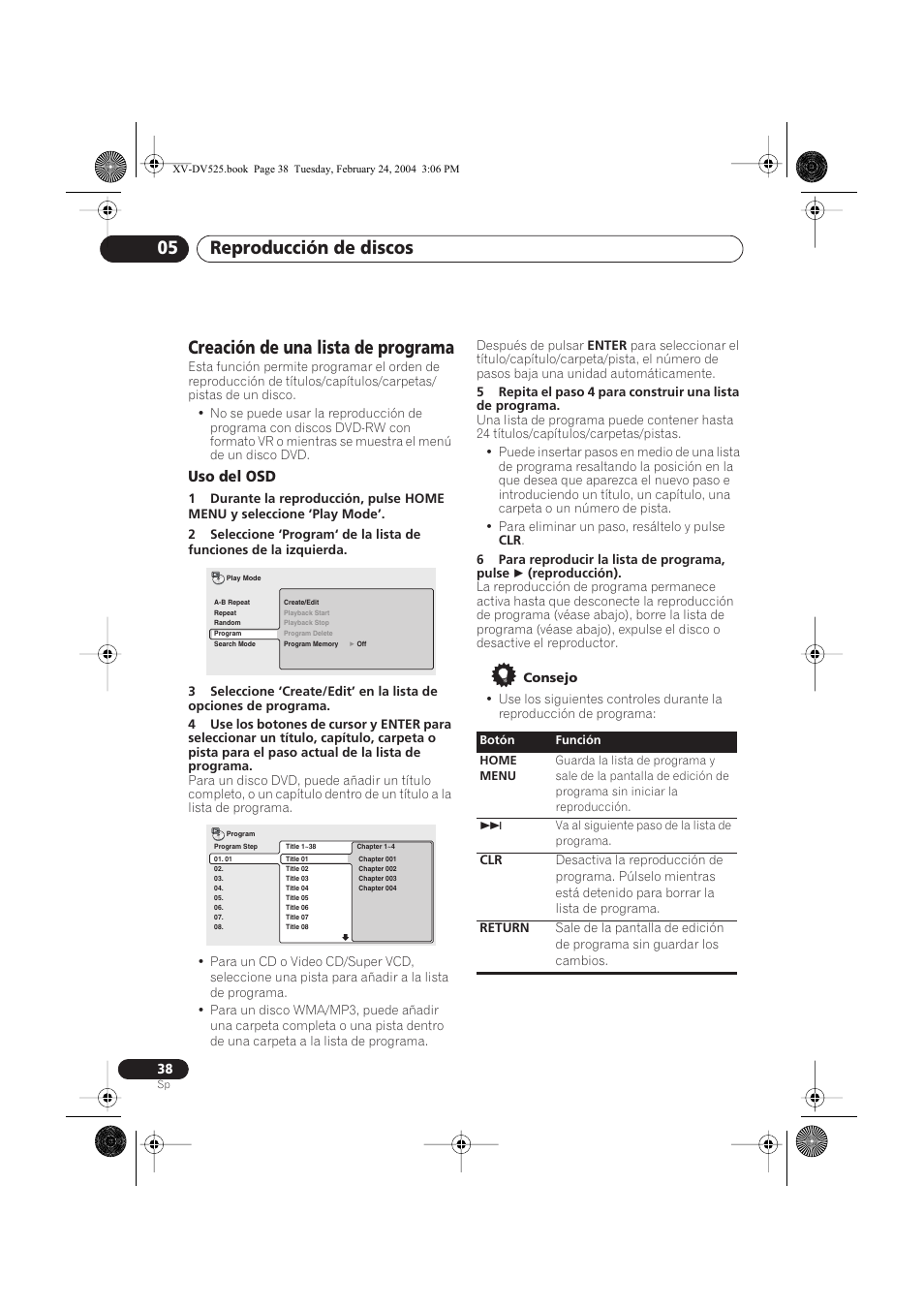 Creación de una lista de programa, Uso del osd, Reproducción de discos 05 | Pioneer DCS-525 User Manual | Page 38 / 82
