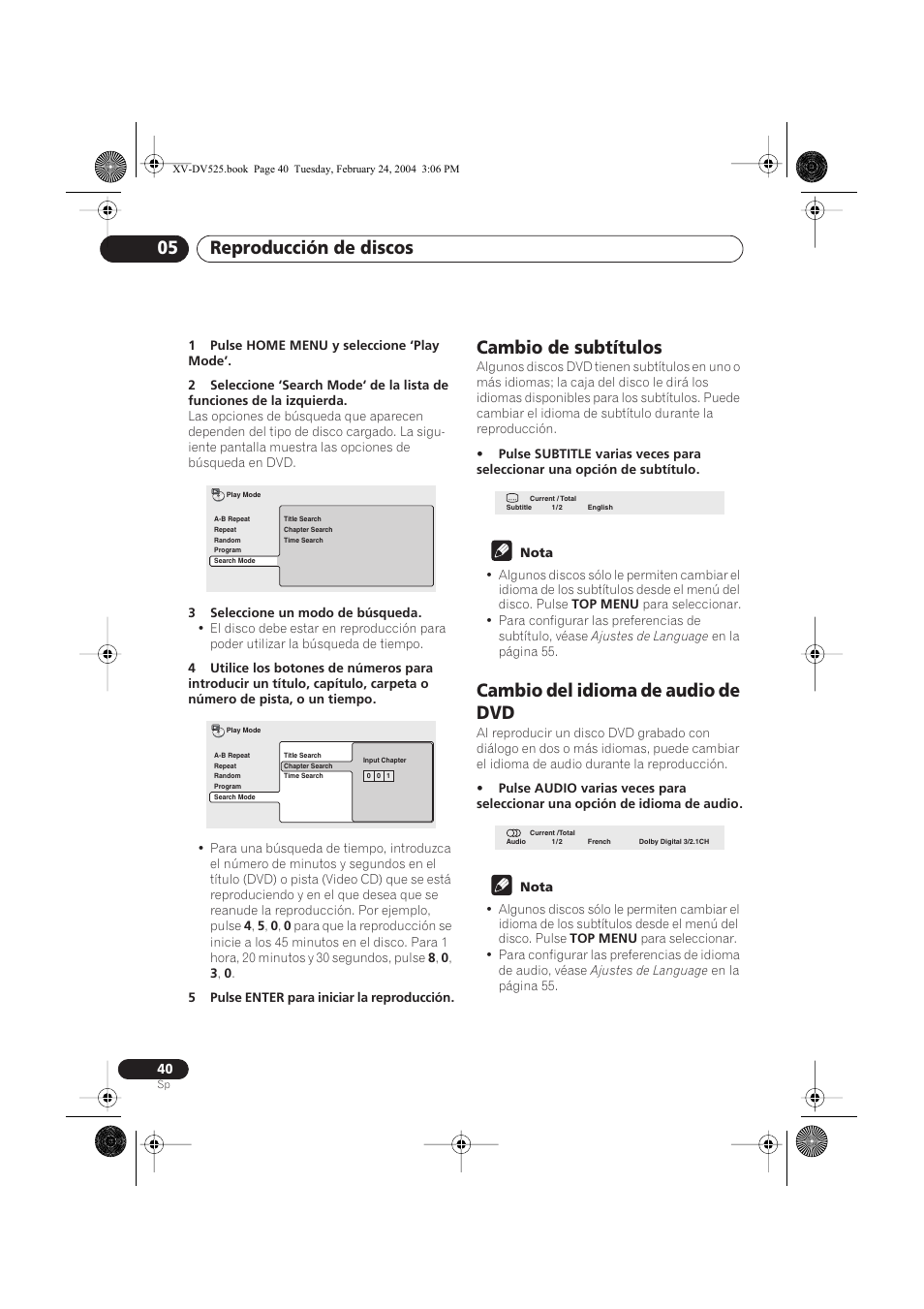 Cambio de subtítulos, Cambio del idioma de audio de dvd, Reproducción de discos 05 | Pioneer DCS-525 User Manual | Page 40 / 82