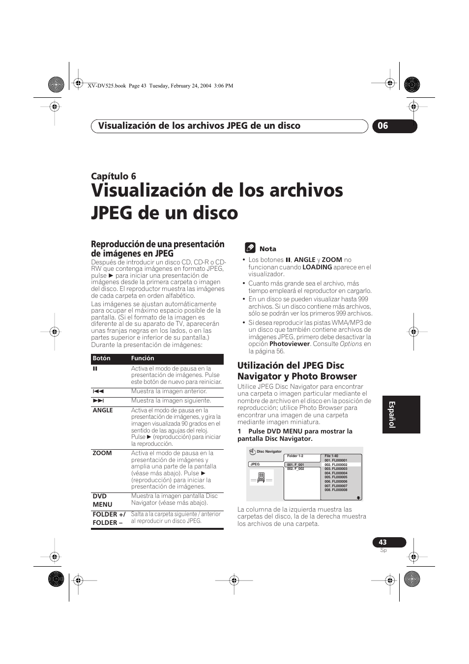 06 visualización de los archivos jpeg de un disco, Visualización de los archivos jpeg de un disco, Visualización de los archivos jpeg de un disco 06 | Capítulo 6 | Pioneer DCS-525 User Manual | Page 43 / 82