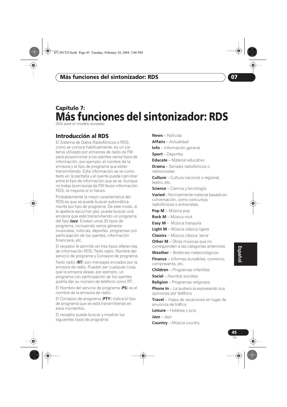 07 más funciones del sintonizador: rds, Introducción al rds, Más funciones del sintonizador: rds | Más funciones del sintonizador: rds 07, Capítulo 7 | Pioneer DCS-525 User Manual | Page 45 / 82