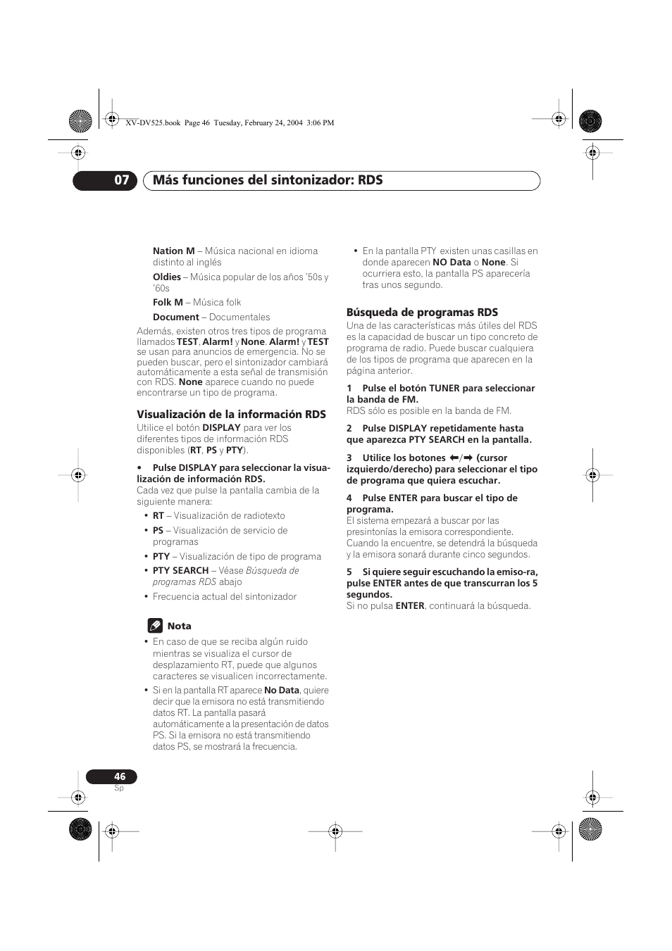 Visualización de la información rds, Búsqueda de programas rds, Más funciones del sintonizador: rds 07 | Pioneer DCS-525 User Manual | Page 46 / 82