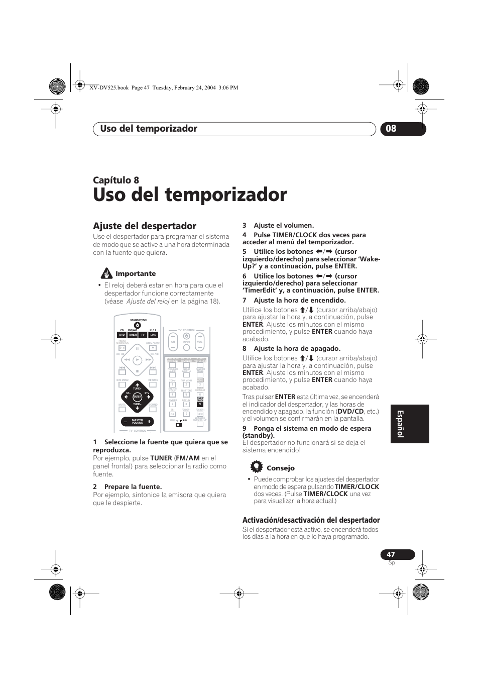 08 uso del temporizador, Ajuste del despertador, Activación/desactivación del despertador | Uso del temporizador, Uso del temporizador 08, Capítulo 8 | Pioneer DCS-525 User Manual | Page 47 / 82