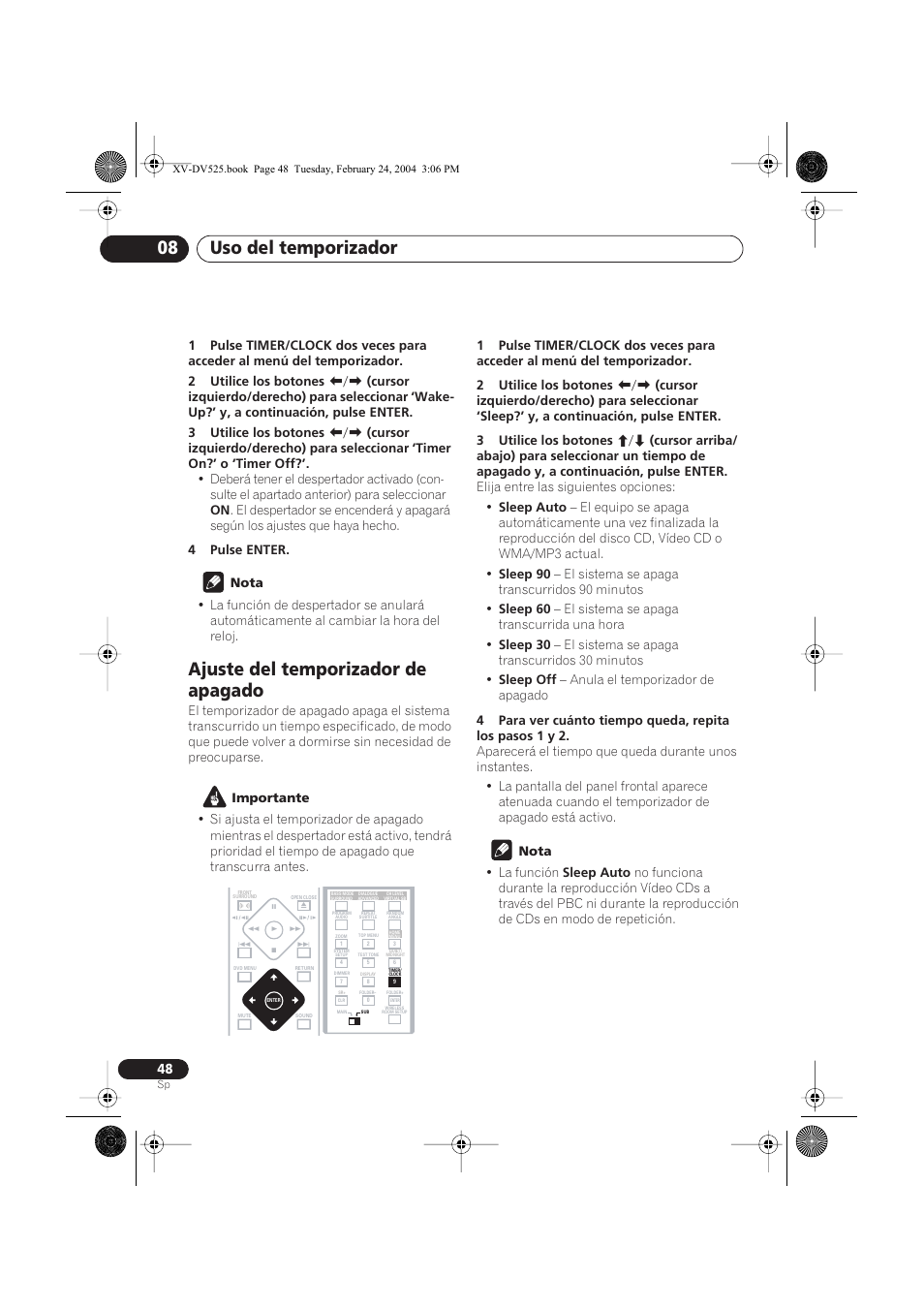 Ajuste del temporizador de apagado, Uso del temporizador 08 | Pioneer DCS-525 User Manual | Page 48 / 82