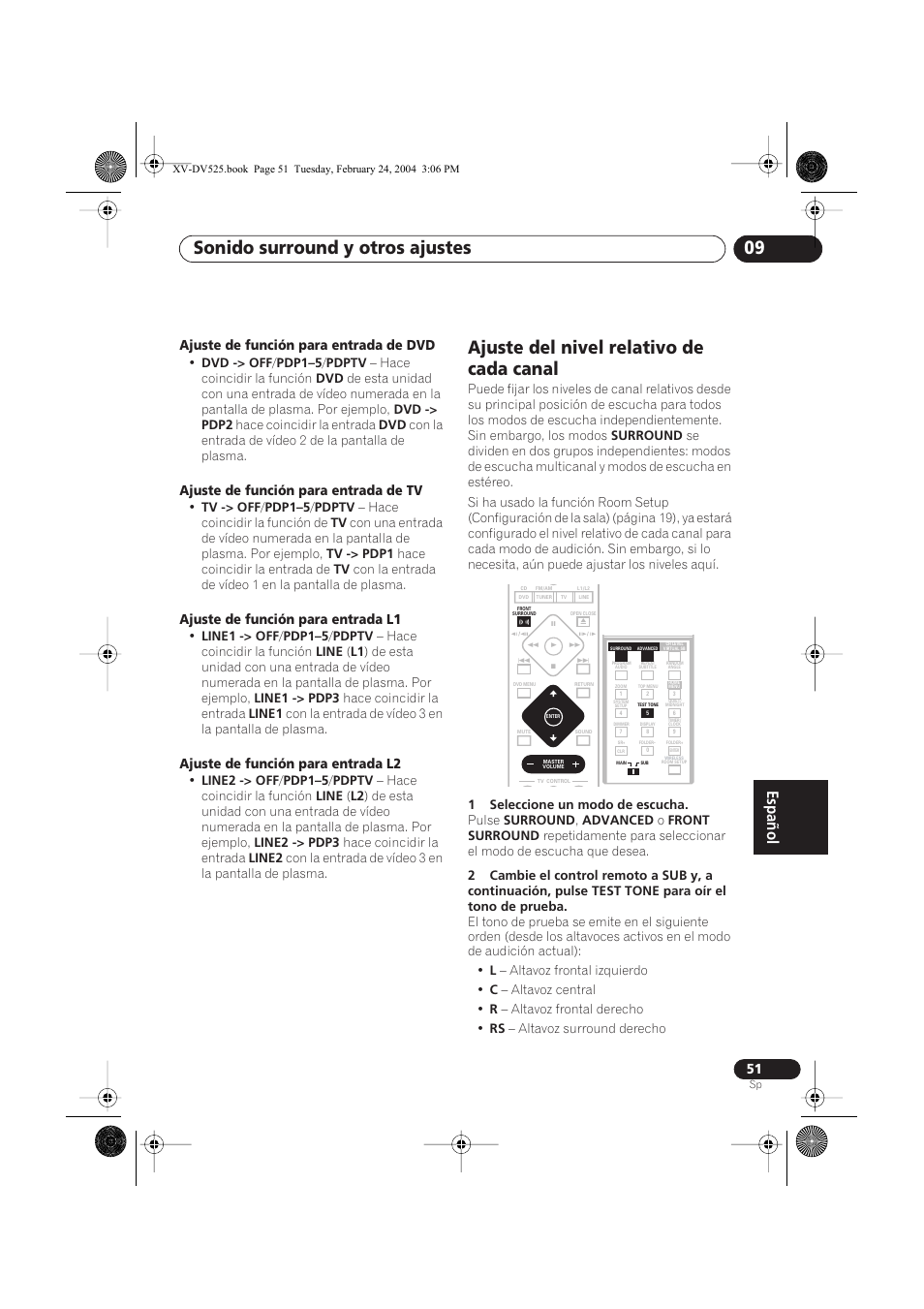 Ajuste del nivel relativo de cada canal, Sonido surround y otros ajustes 09, Ajuste de función para entrada de dvd | Ajuste de función para entrada de tv, Ajuste de función para entrada l1, Ajuste de función para entrada l2 | Pioneer DCS-525 User Manual | Page 51 / 82
