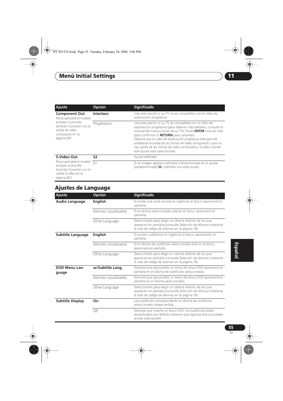 Ajustes de language, Menú initial settings 11 | Pioneer DCS-525 User Manual | Page 55 / 82