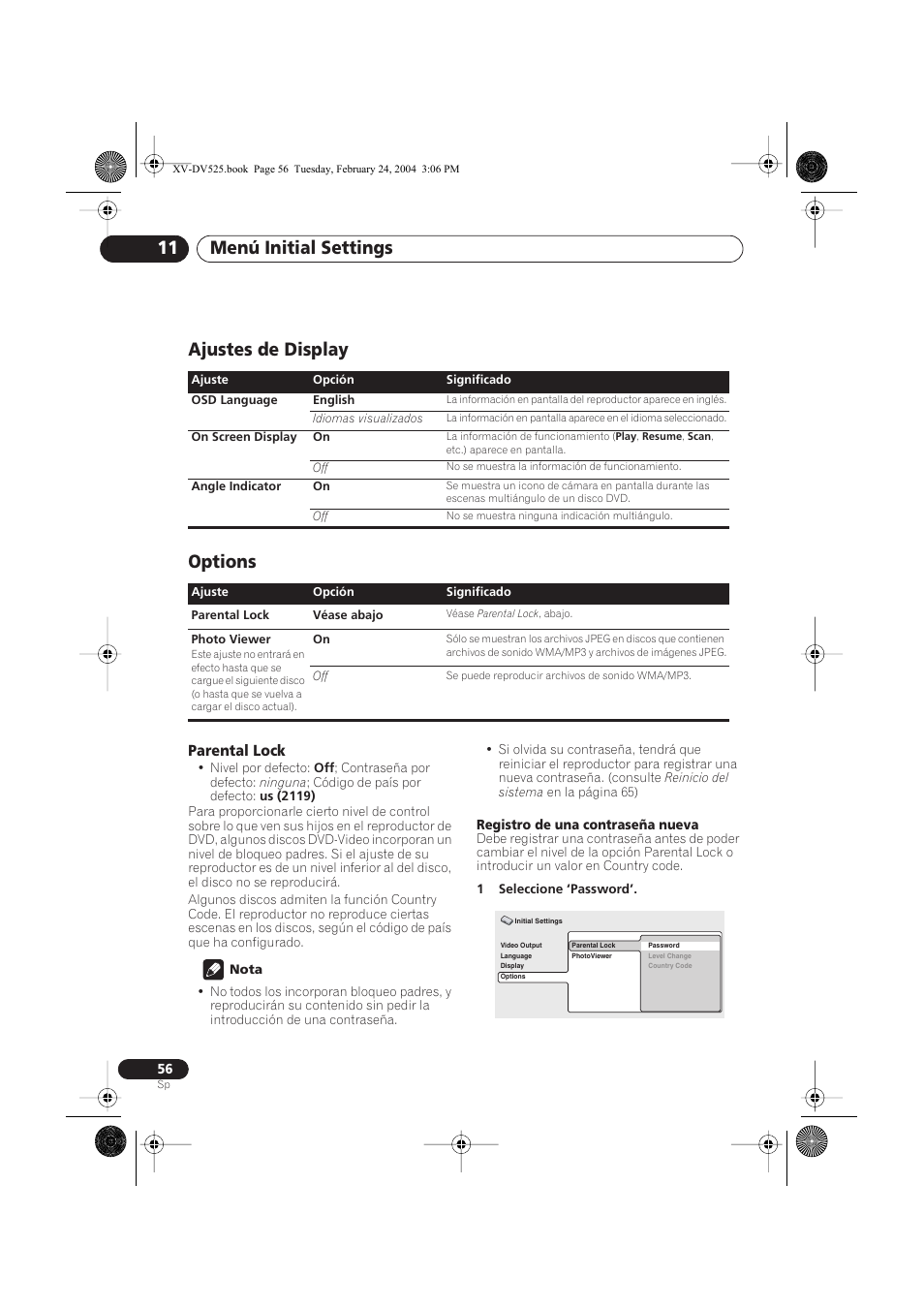 Ajustes de display, Options, Parental lock | Menú initial settings 11, Ajustes de display options | Pioneer DCS-525 User Manual | Page 56 / 82