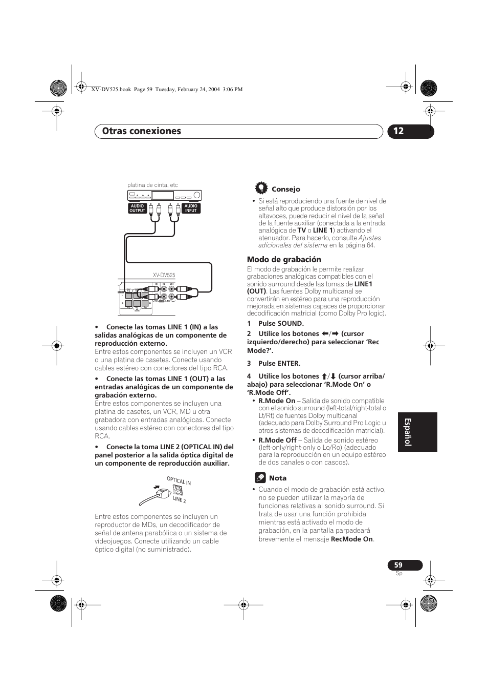 Modo de grabación, Otras conexiones 12 | Pioneer DCS-525 User Manual | Page 59 / 82