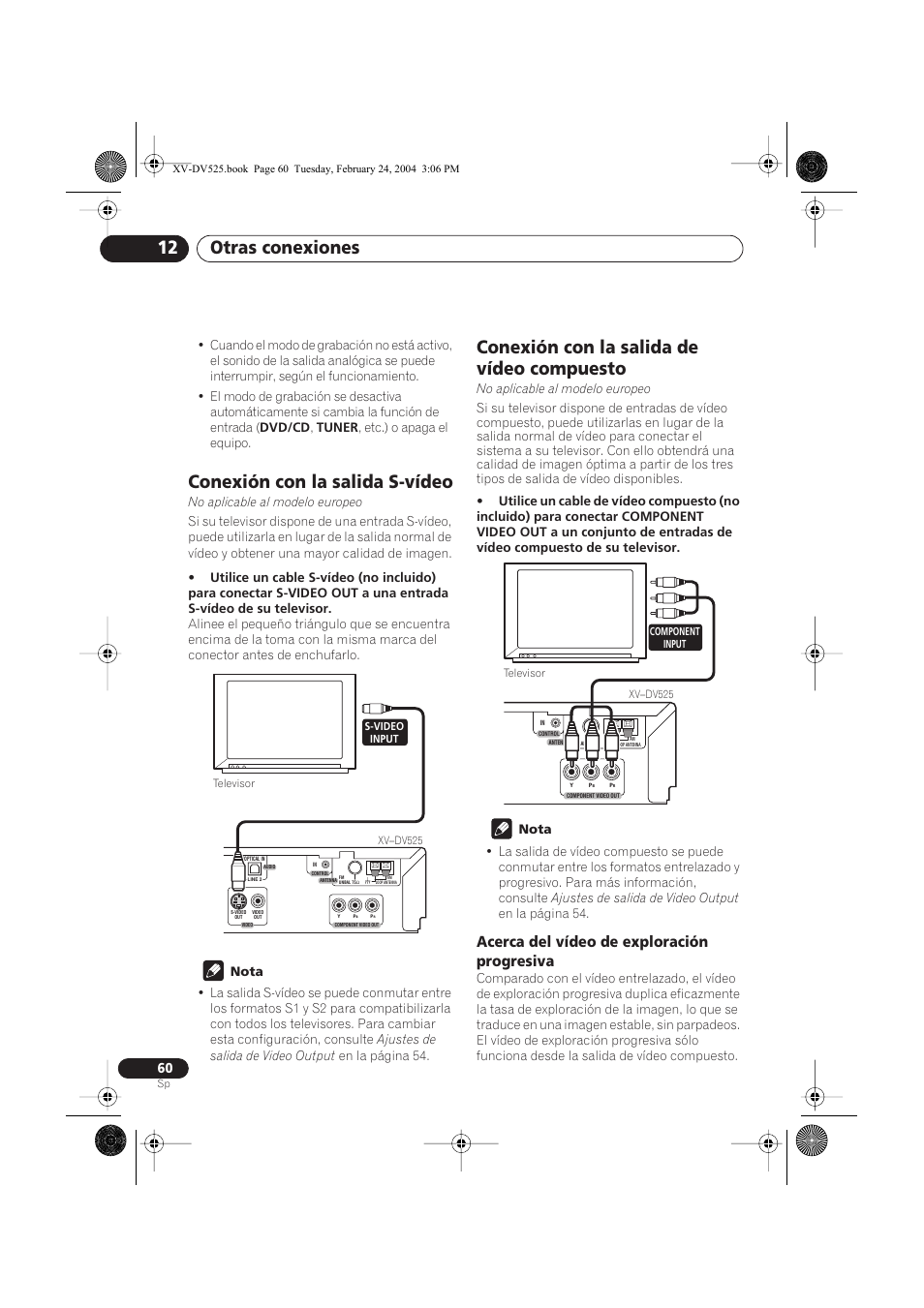 Conexión con la salida s-vídeo, Conexión con la salida de vídeo compuesto, Acerca del vídeo de exploración progresiva | Otras conexiones 12 | Pioneer DCS-525 User Manual | Page 60 / 82