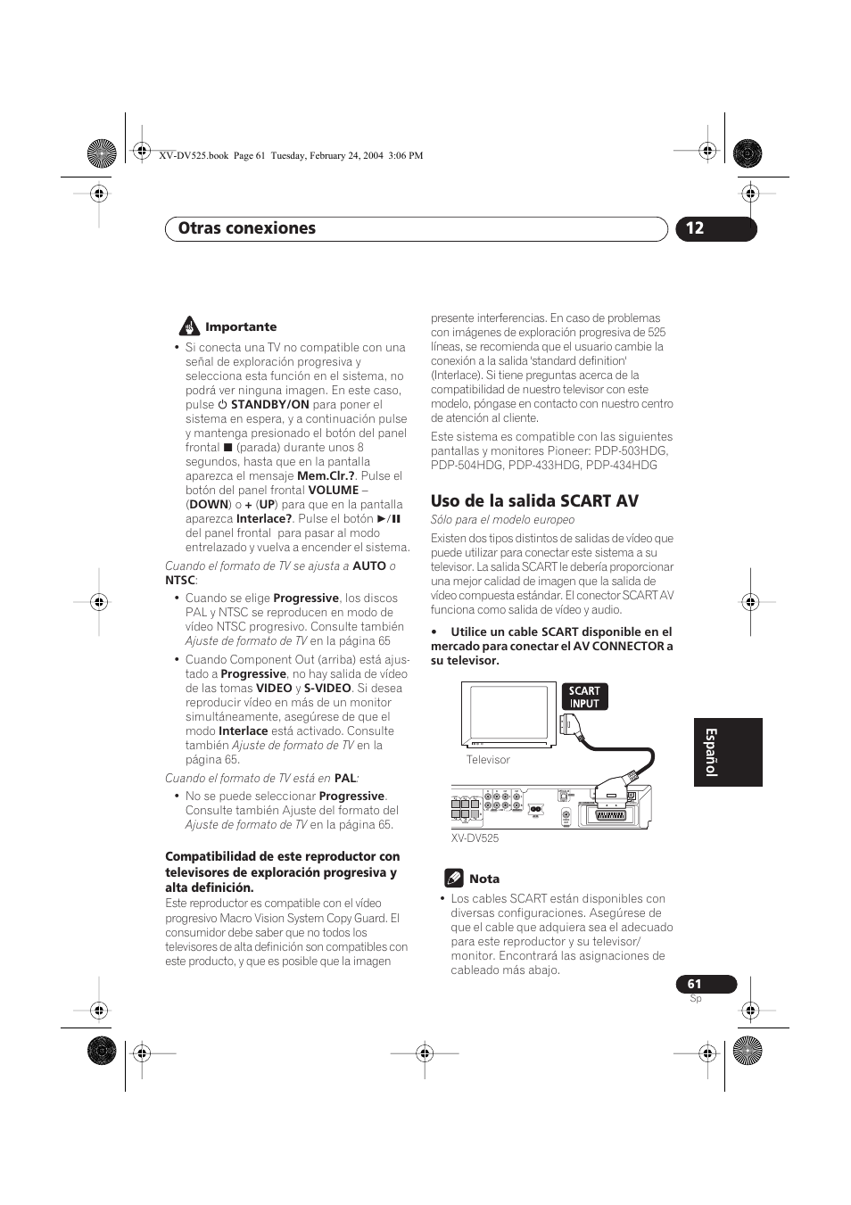 Uso de la salida scart av, Otras conexiones 12 | Pioneer DCS-525 User Manual | Page 61 / 82