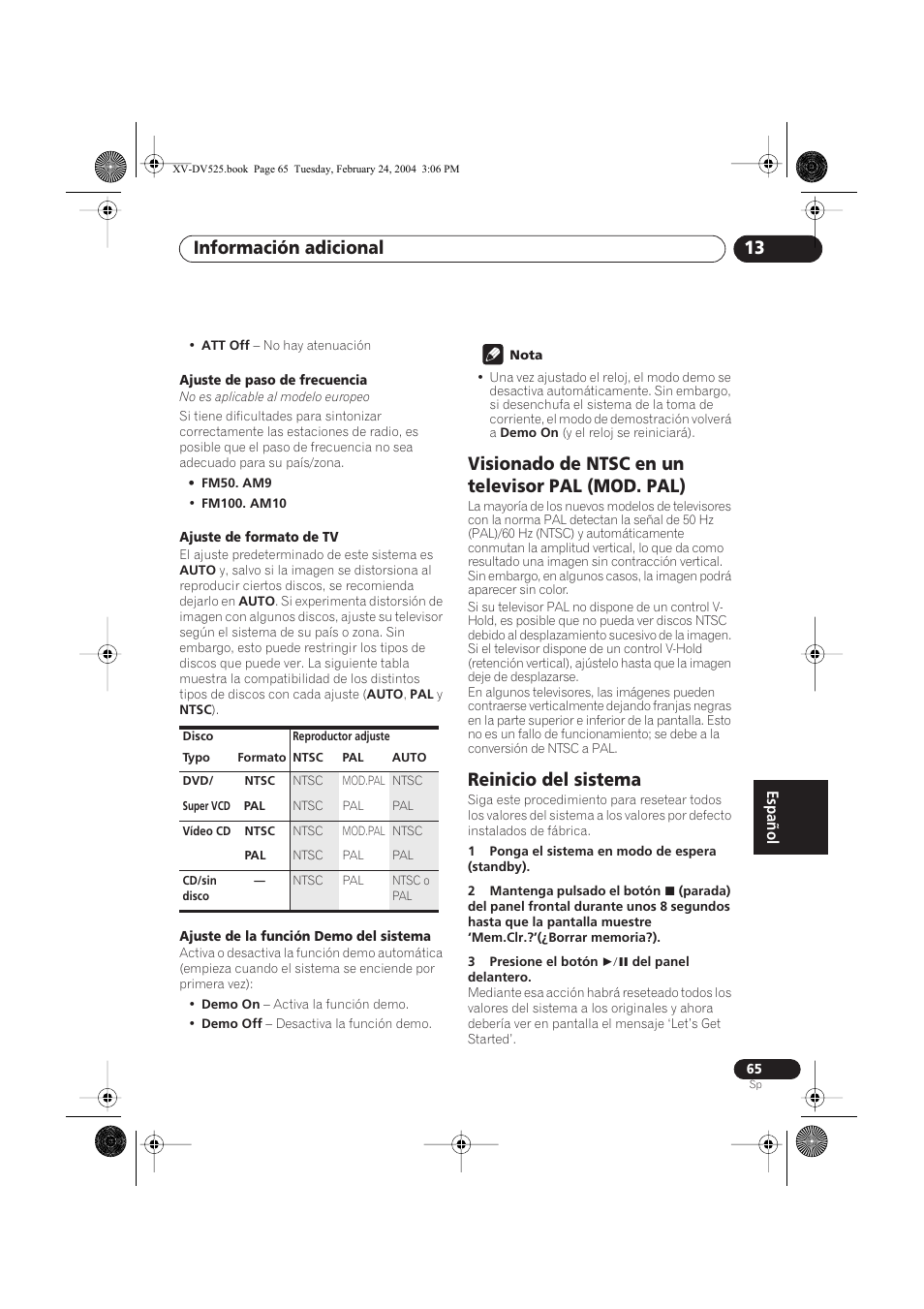 Visionado de ntsc en un televisor pal (mod. pal), Reinicio del sistema, Información adicional 13 | Pioneer DCS-525 User Manual | Page 65 / 82
