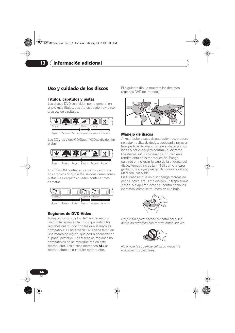 Uso y cuidado de los discos, Títulos, capítulos y pistas, Regiones de dvd-vídeo | Manejo de discos, Información adicional 13 | Pioneer DCS-525 User Manual | Page 66 / 82