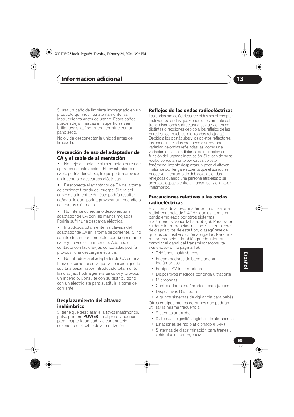 Desplazamiento del altavoz inalámbrico, Reflejos de las ondas radioeléctricas, Precauciones relativas a las ondas radioeléctricas | Radio de acción, Información adicional 13 | Pioneer DCS-525 User Manual | Page 69 / 82