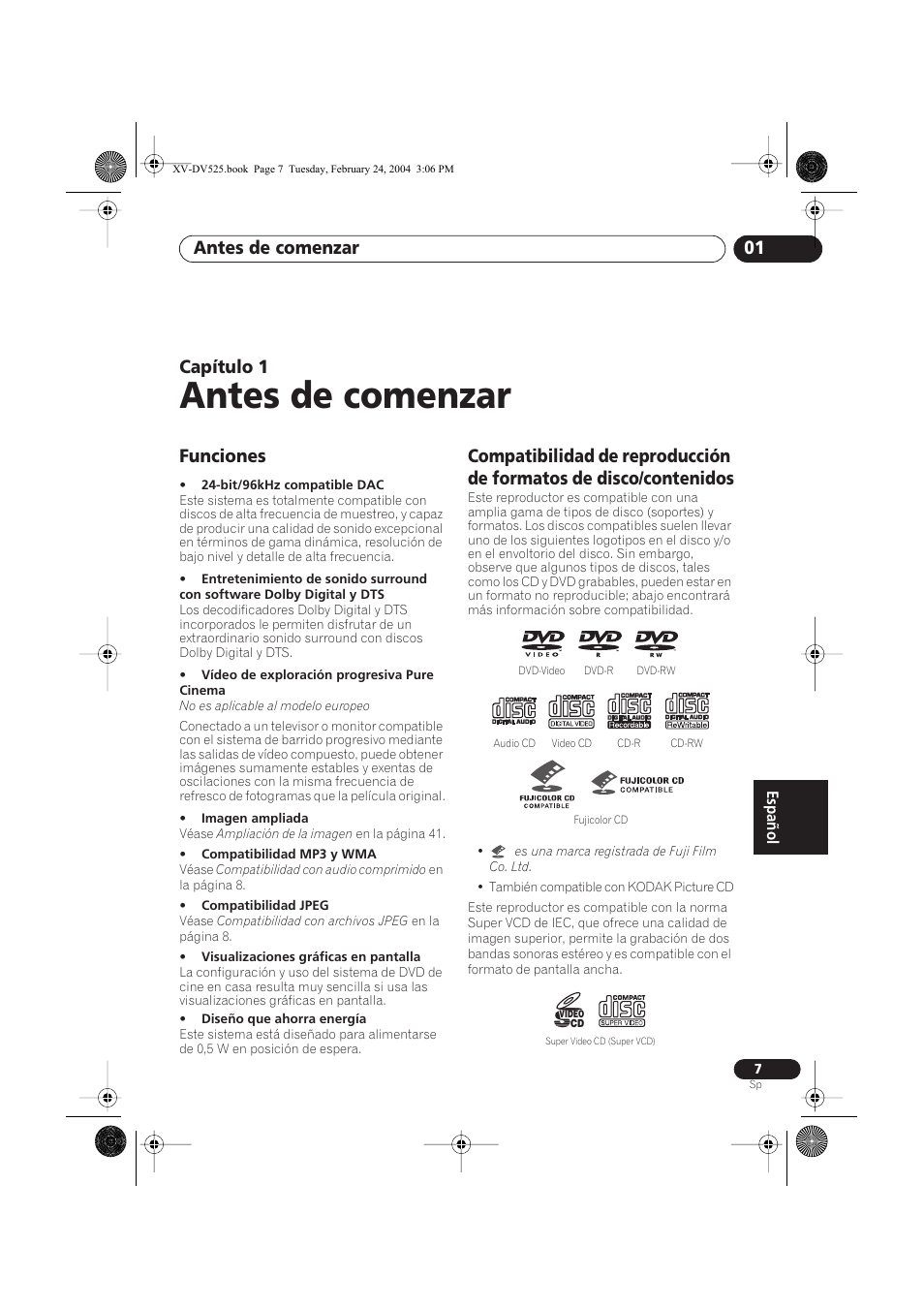 01 antes de comenzar, Funciones, Antes de comenzar | Antes de comenzar 01, Capítulo 1 | Pioneer DCS-525 User Manual | Page 7 / 82