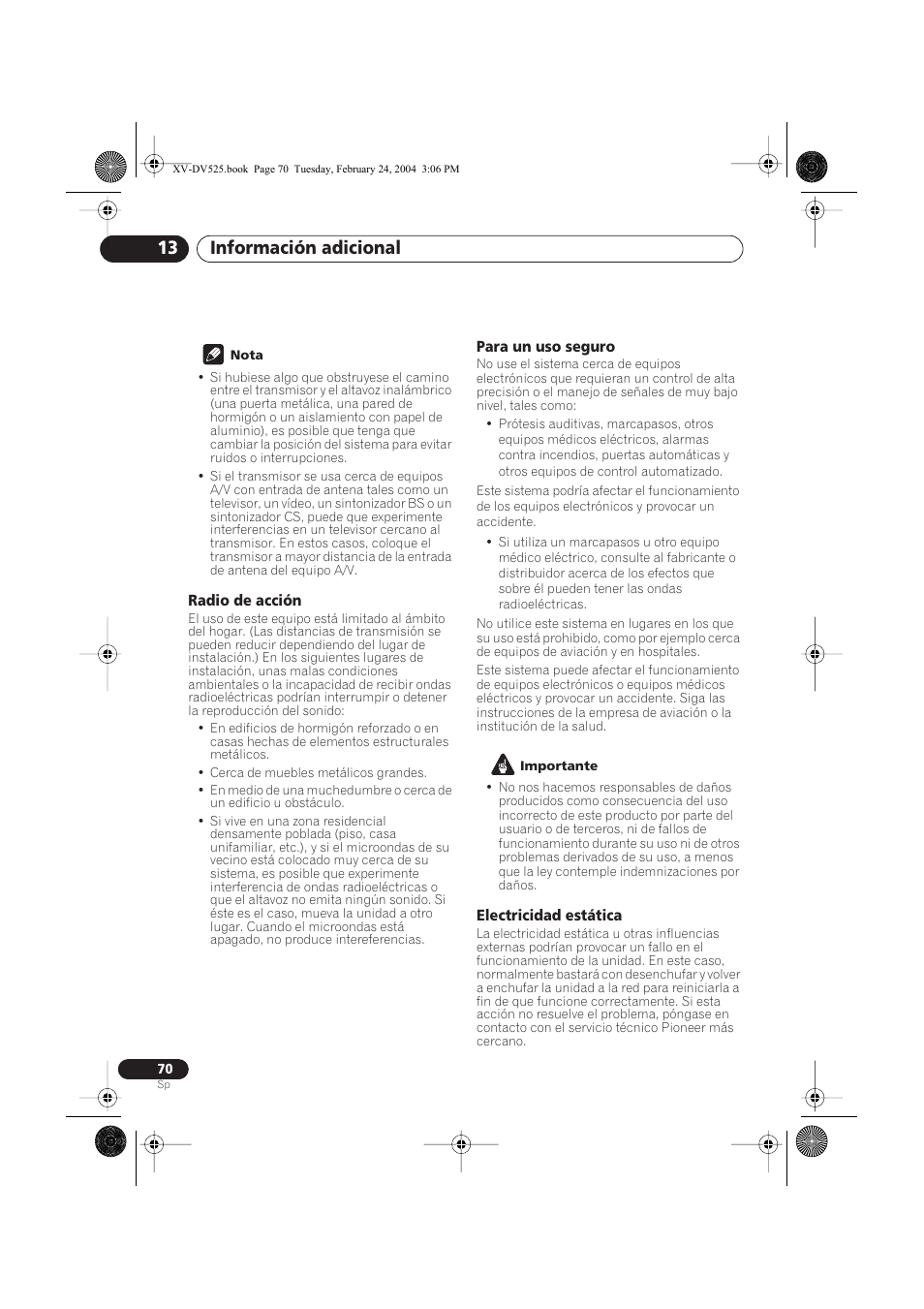 Para un uso seguro, Electricidad estática, Información adicional 13 | Pioneer DCS-525 User Manual | Page 70 / 82