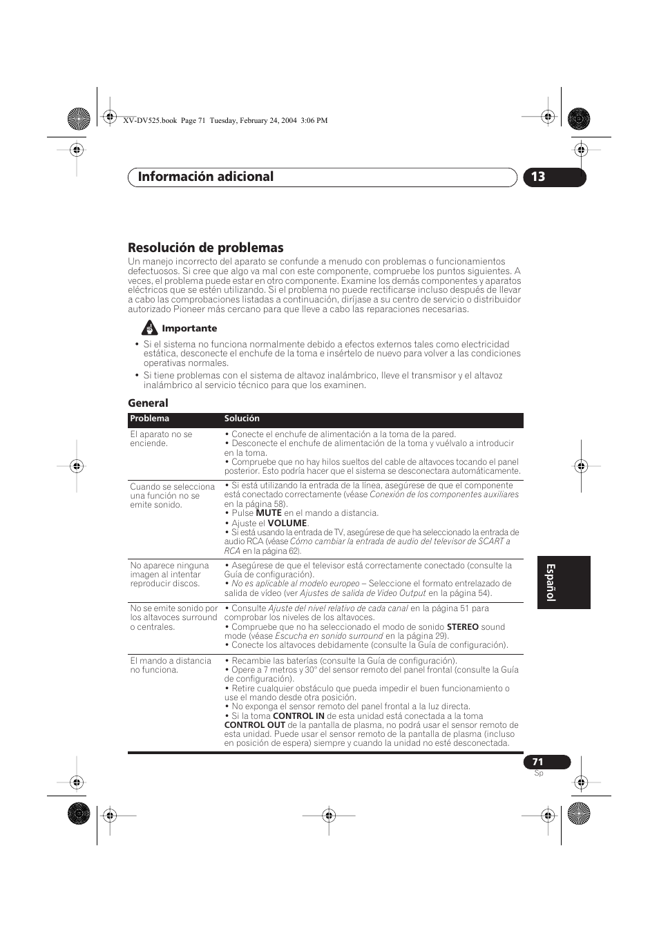 Resolución de problemas, General, Información adicional 13 | Pioneer DCS-525 User Manual | Page 71 / 82