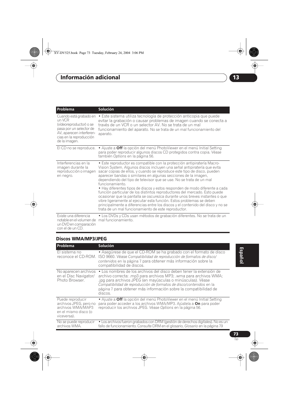 Discos wma/mp3/jpeg, Información adicional 13 | Pioneer DCS-525 User Manual | Page 73 / 82