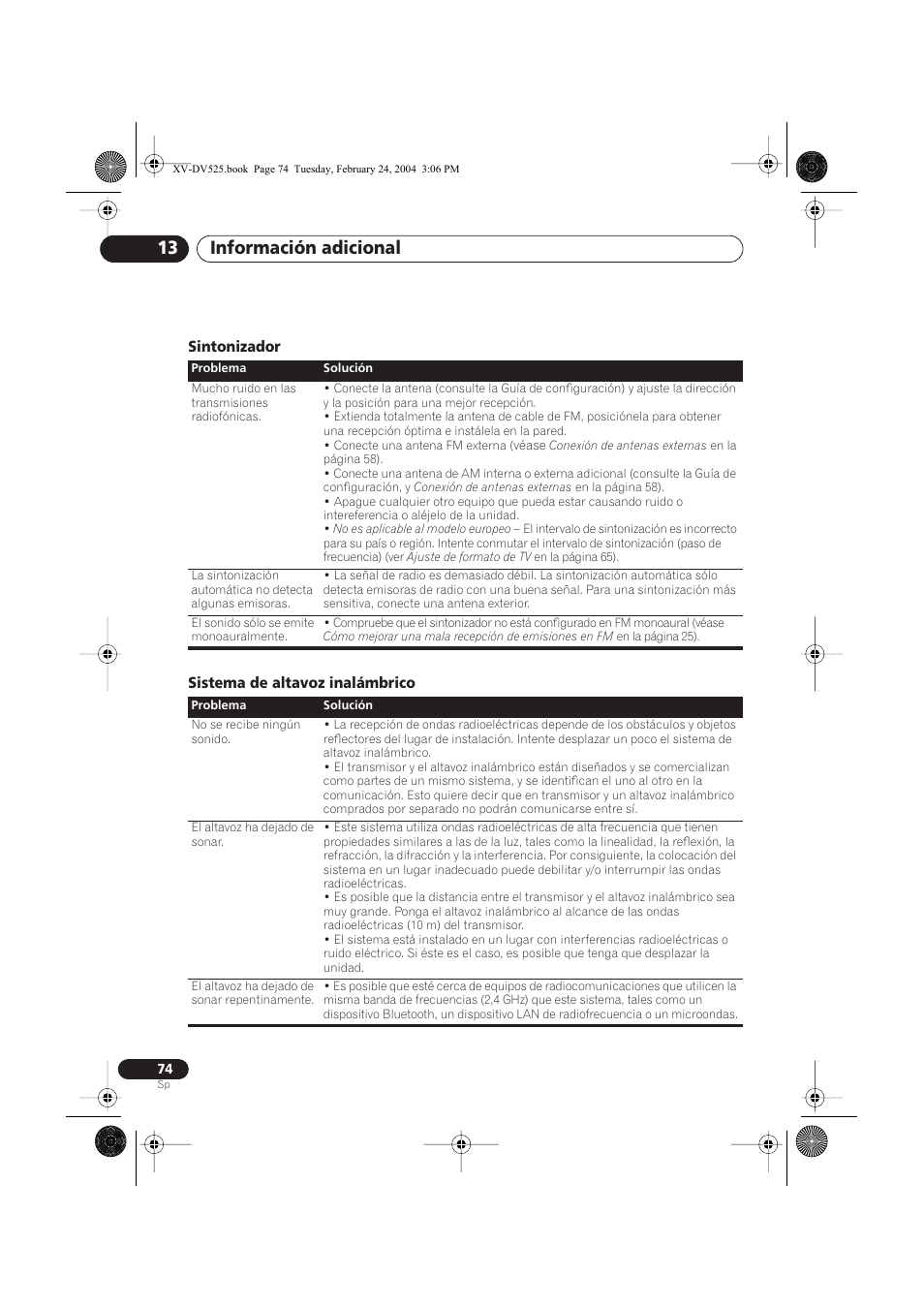 Sintonizador, Sistema de altavoz inalámbrico, Información adicional 13 | Pioneer DCS-525 User Manual | Page 74 / 82