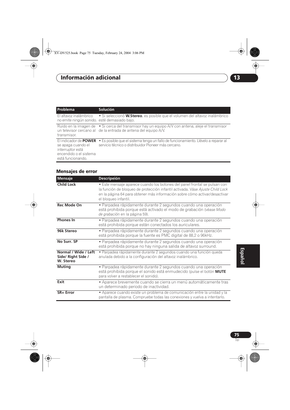 Mensajes de error, Información adicional 13 | Pioneer DCS-525 User Manual | Page 75 / 82