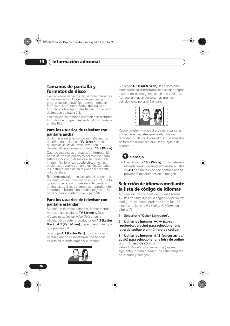 Tamaños de pantalla y formatos de disco, Para los usuarios de televisor con pantalla ancha, Información adicional 13 | Pioneer DCS-525 User Manual | Page 76 / 82