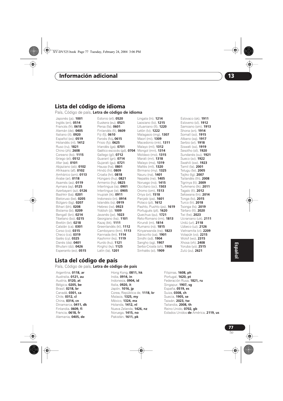 Lista del código de idioma, Lista del código de país, Información adicional 13 | Pioneer DCS-525 User Manual | Page 77 / 82