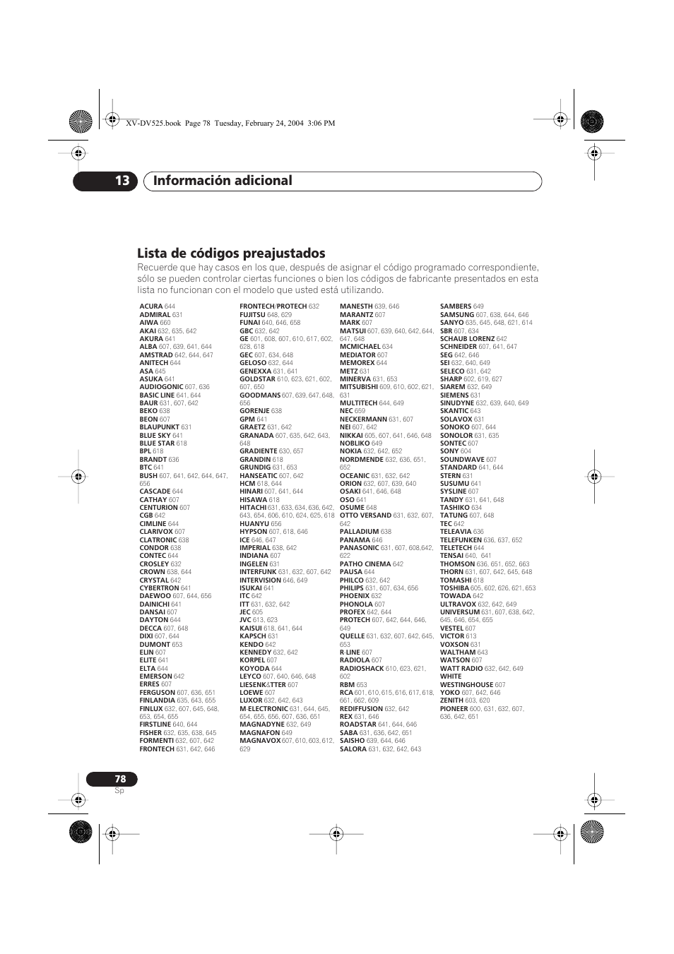 Lista de códigos preajustados, Información adicional 13 | Pioneer DCS-525 User Manual | Page 78 / 82