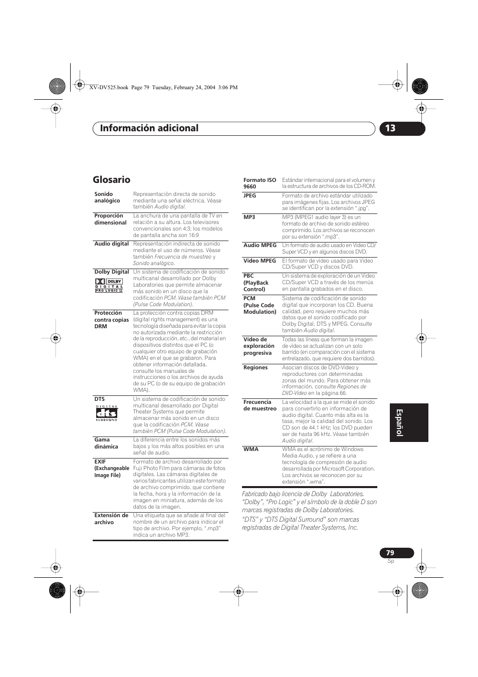 Glosario, Información adicional 13 | Pioneer DCS-525 User Manual | Page 79 / 82