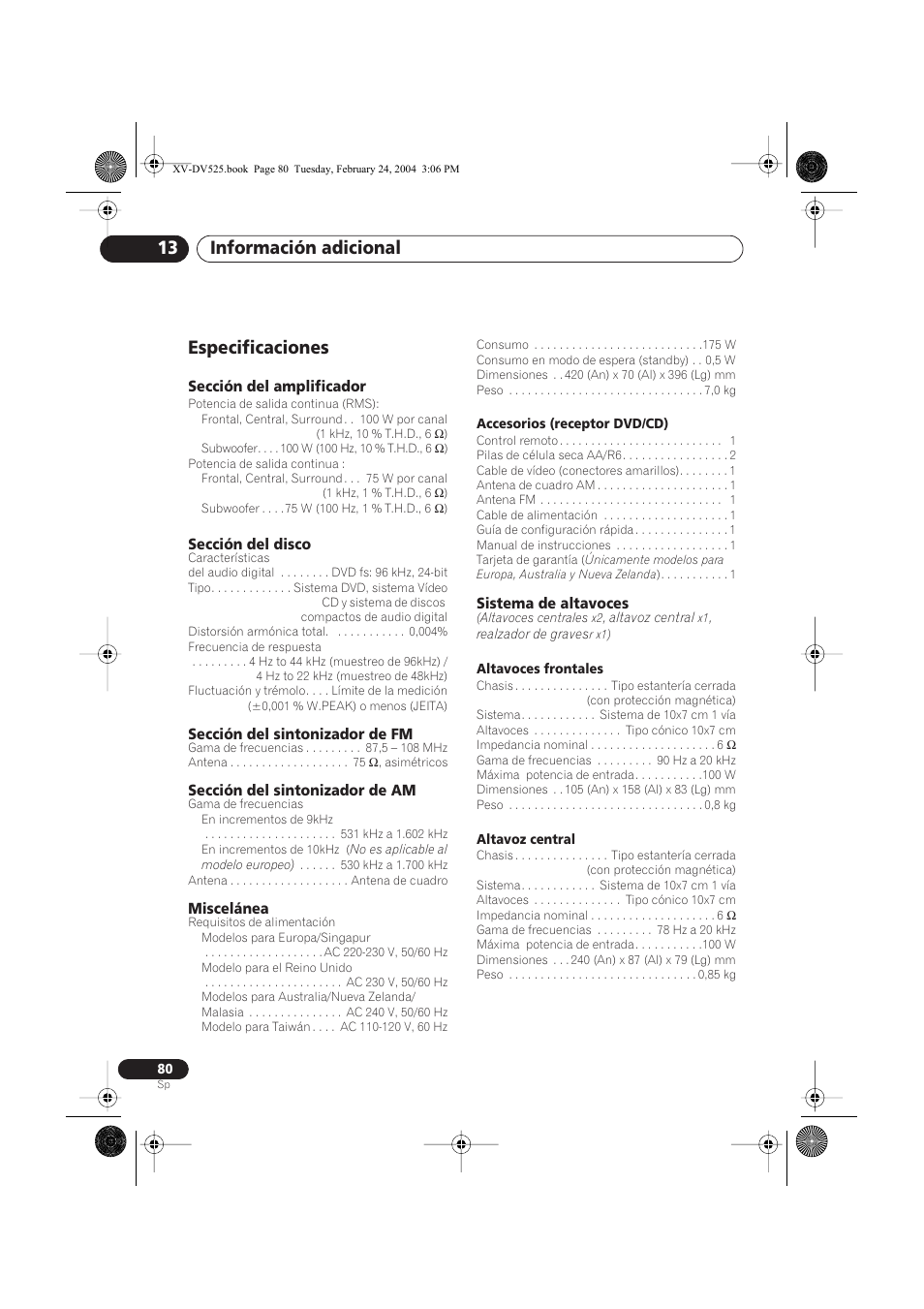 Especificaciones, Información adicional 13 | Pioneer DCS-525 User Manual | Page 80 / 82