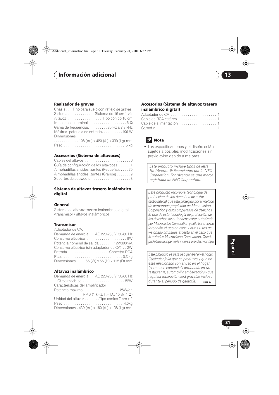 Información adicional 13 | Pioneer DCS-525 User Manual | Page 81 / 82