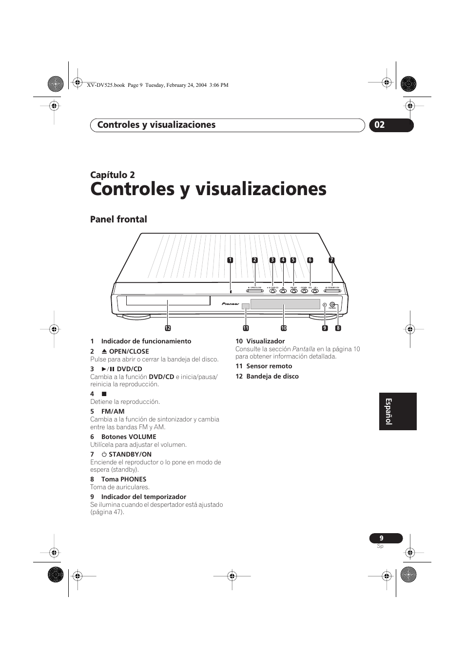02 controles y visualizaciones, Panel frontal, Controles y visualizaciones | Controles y visualizaciones 02, Capítulo 2 | Pioneer DCS-525 User Manual | Page 9 / 82