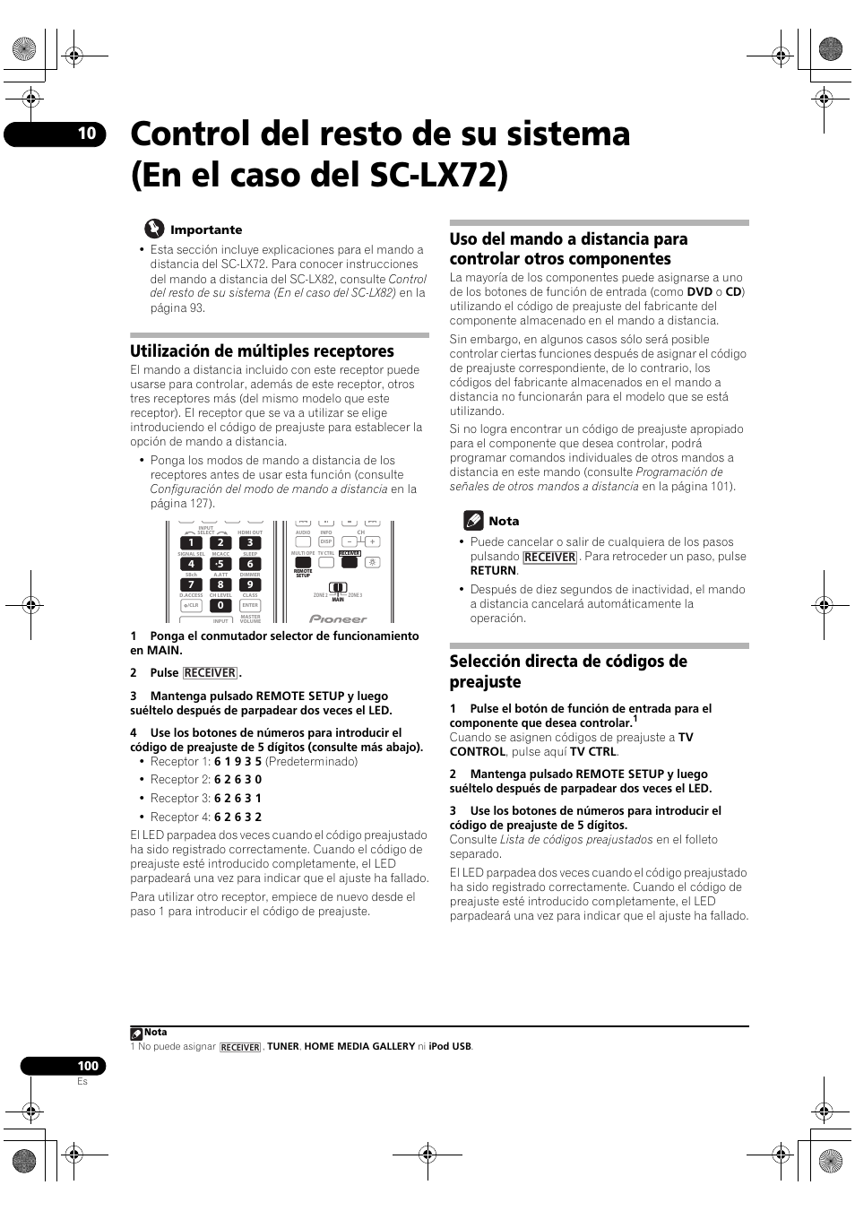 Utilización de múltiples receptores, Selección directa de códigos de preajuste | Pioneer SC-LX72 User Manual | Page 100 / 146