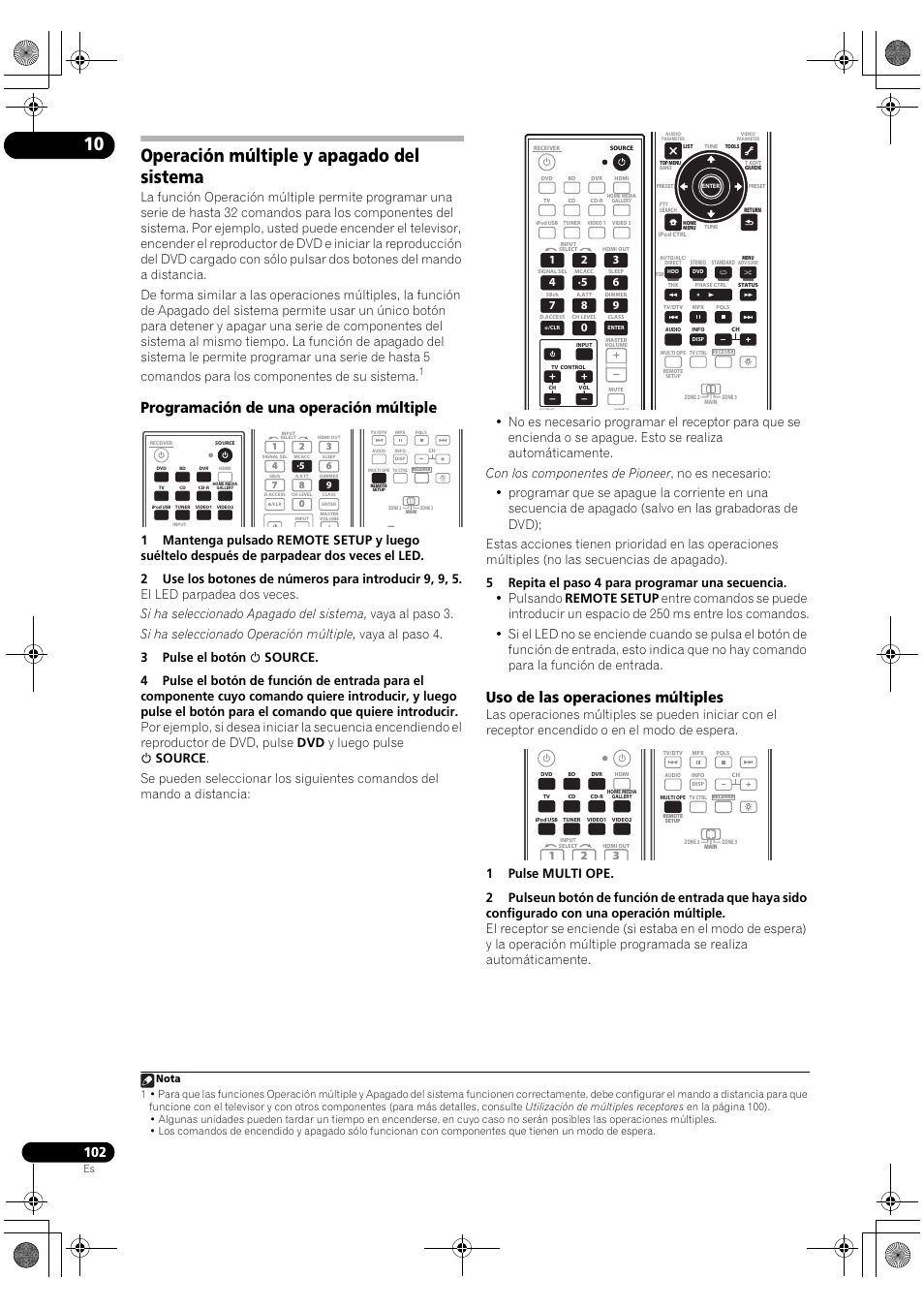 Operación múltiple y apagado del sistema, Programación de una operación múltiple, Uso de las operaciones múltiples | Pioneer SC-LX72 User Manual | Page 102 / 146