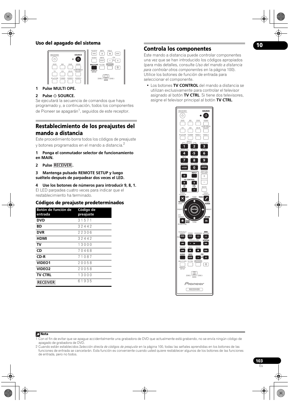 Uso del apagado del sistema, Códigos de preajuste predeterminados, Controla los componentes | Seguidos de este receptor, Receiver | Pioneer SC-LX72 User Manual | Page 103 / 146