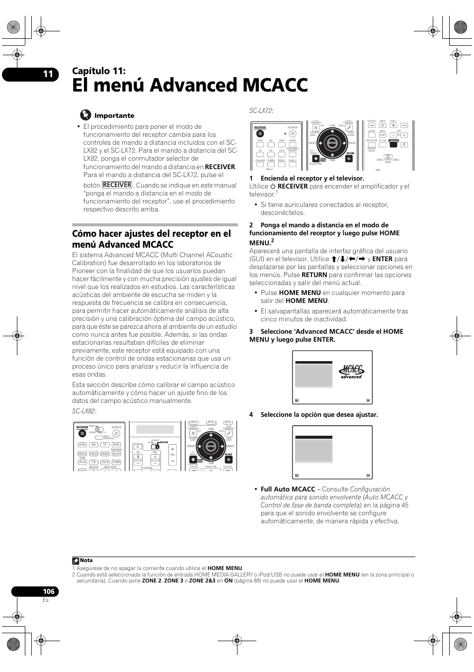 El menú advanced mcacc, Capítulo 11, Sc-lx72 | Pioneer SC-LX72 User Manual | Page 106 / 146