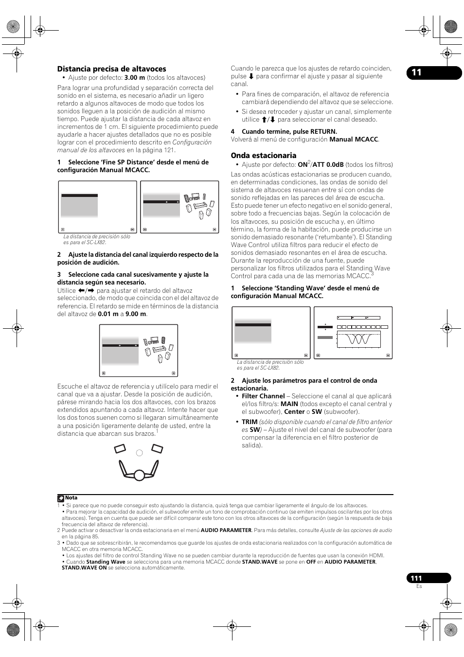 Distancia precisa de altavoces, Onda estacionaria, Ajuste por defecto: on | Pioneer SC-LX72 User Manual | Page 111 / 146