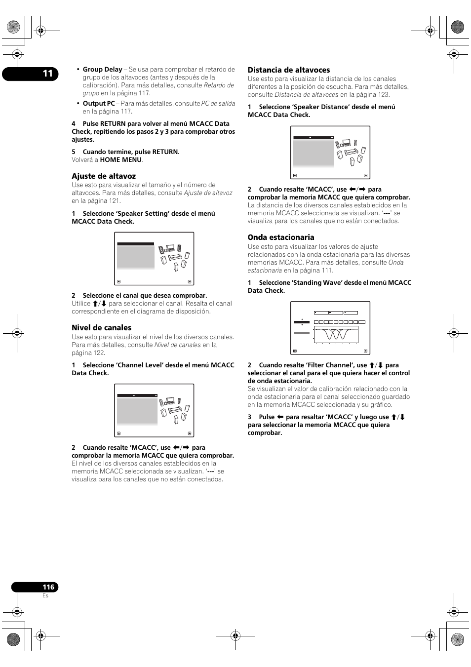 Ajuste de altavoz, Nivel de canales, Distancia de altavoces | Onda estacionaria | Pioneer SC-LX72 User Manual | Page 116 / 146