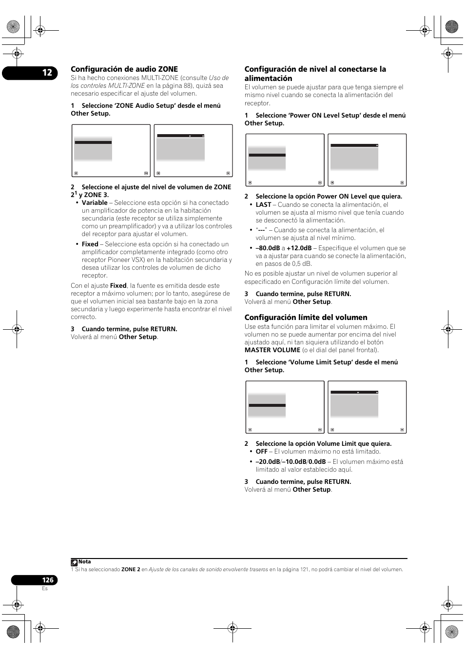 Configuración de audio zone, Configuración límite del volumen | Pioneer SC-LX72 User Manual | Page 126 / 146